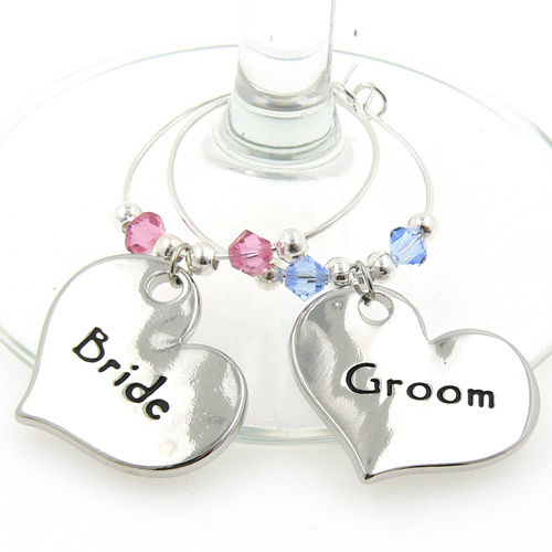 Bride and Groom Wine Glass Charms with Crystals Charm