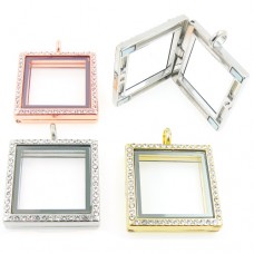 Memory Locket Picture Frame Charm - Square - Crystal  - Floating Necklace - 30mm